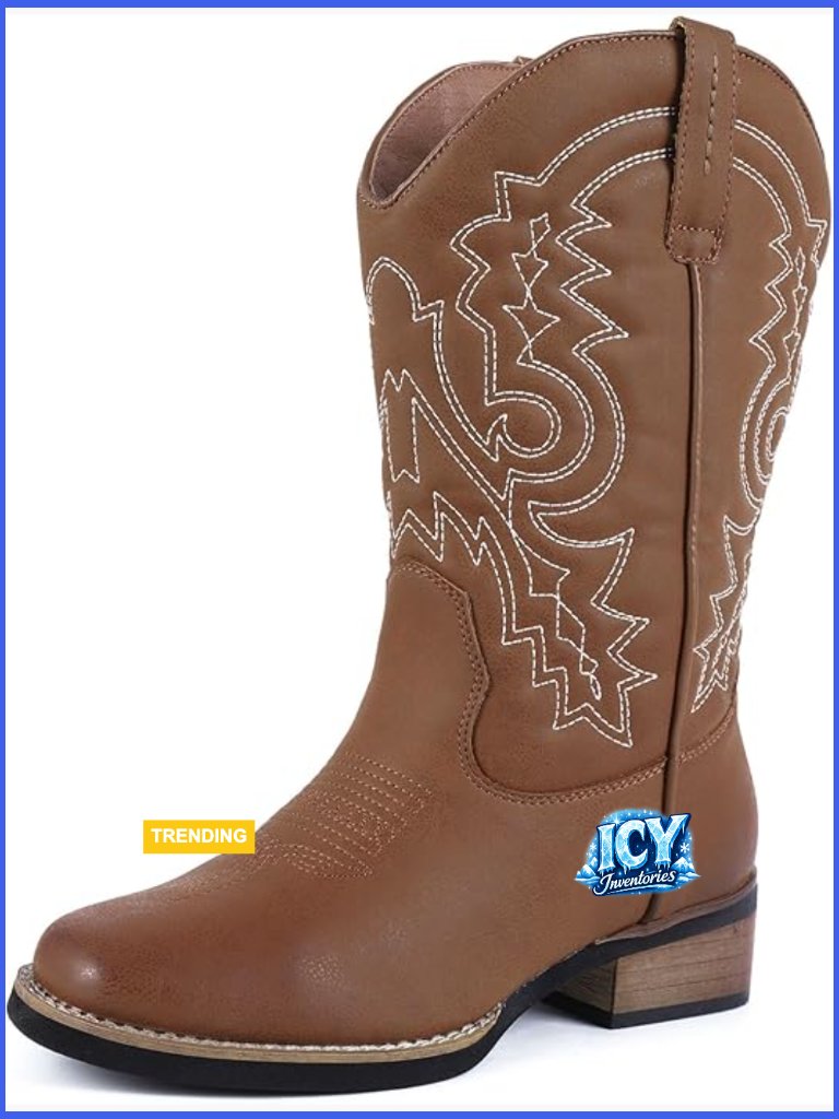 Distressed Pu Square Toe Mid-Calf Cowboy Booties Low Heel